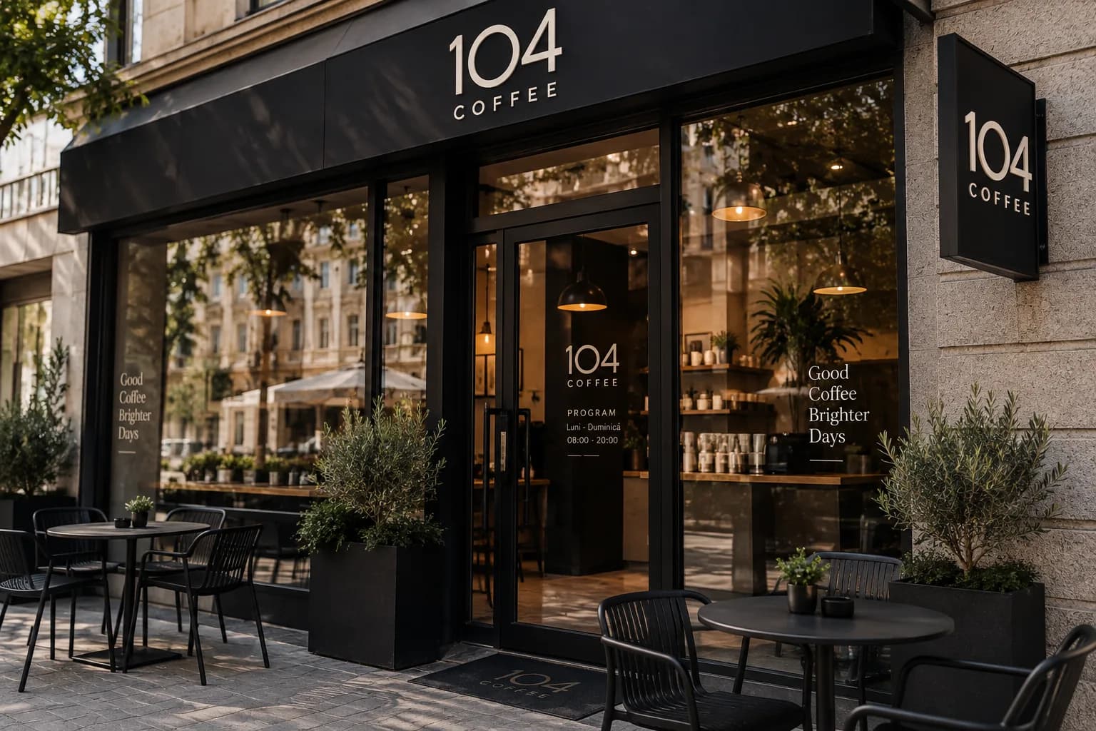 Exterior 104 Coffee Brăila — fațada cafenelei din Piața Traian